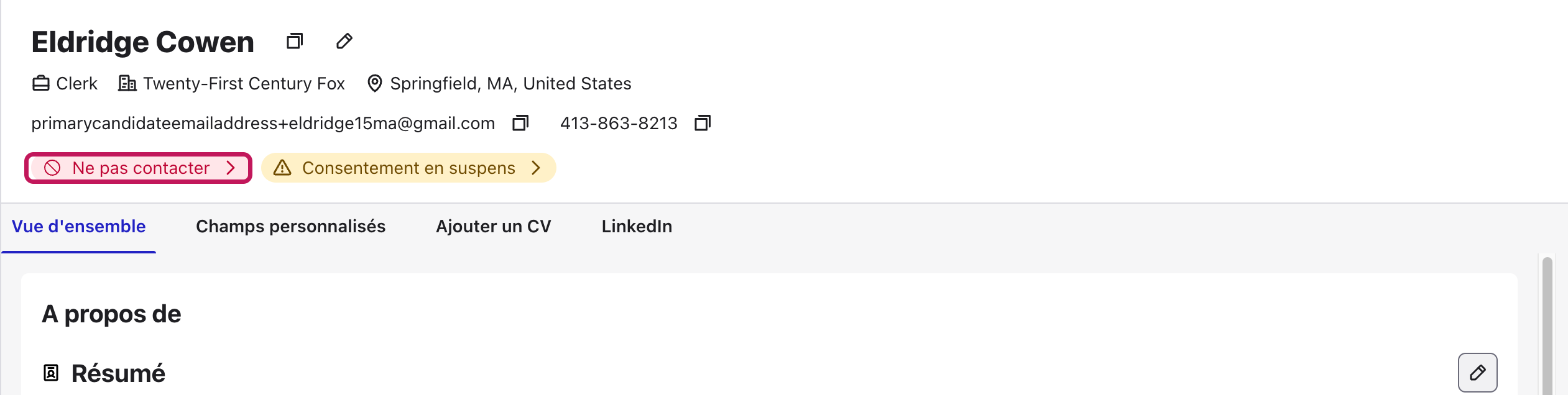 Profil d’un contact affichant le statut d’engagement Ne pas contacter