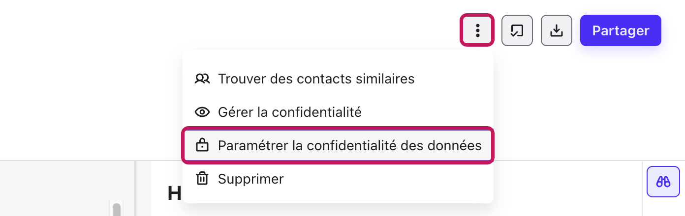 Menu des options du profil avec l’option Paramétrer la confidentialité des données mise en évidence
