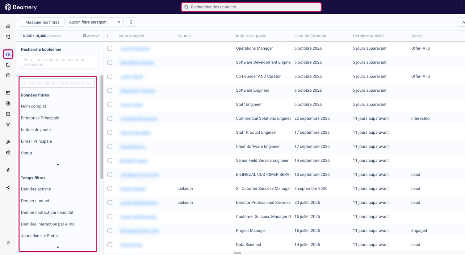 Page Personnes avec la barre Rechercher des contacts et le panneau de filtres mis en évidence