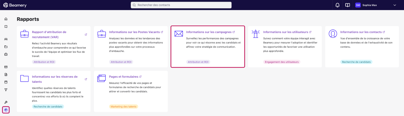 Page Rapports avec la carte Informations sur les campagnes mise en évidence