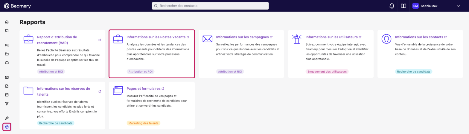 Page Rapports avec la carte Informations sur les Postes Vacants mise en évidence