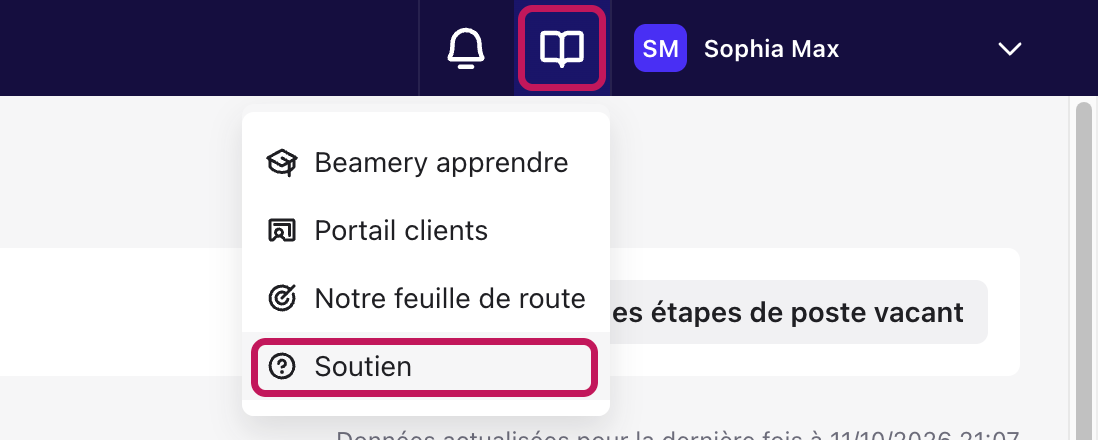 Menu de l’icône en forme de livre avec l’option Soutien mise en évidence