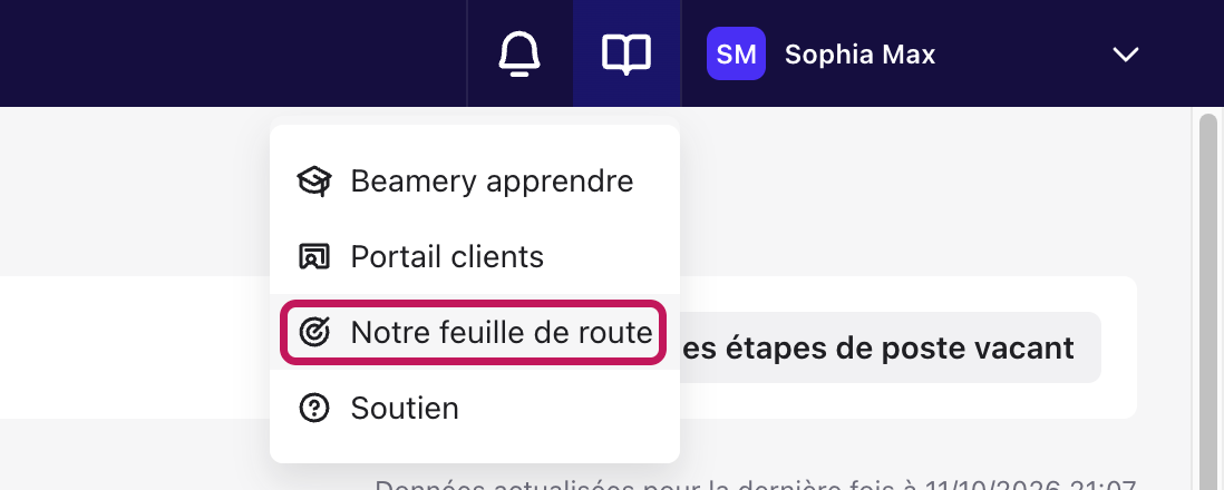 Menu de l’icône en forme de livre avec l’option Notre feuille de route mise en évidence