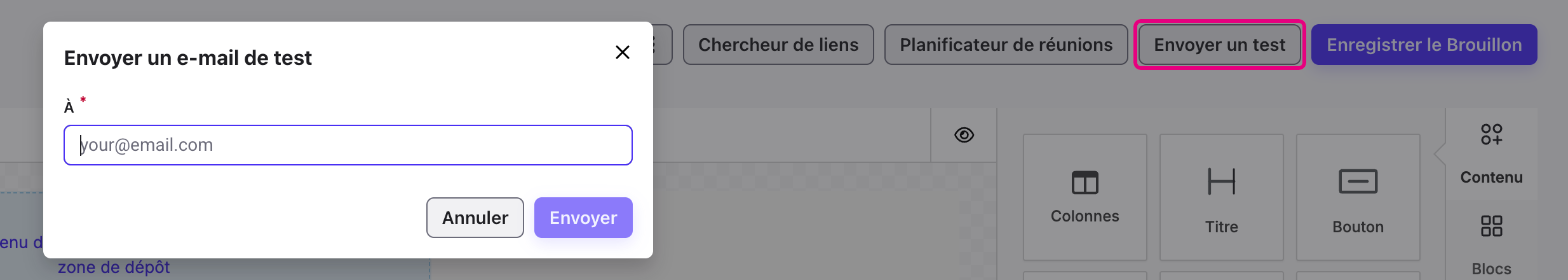 Fenêtre Envoyer un e-mail de test ouverte depuis le bouton Envoyer un test