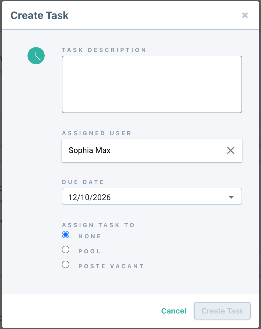Fenêtre Create Task avec la description, l’utilisateur assigné, la date d’échéance et l’association
