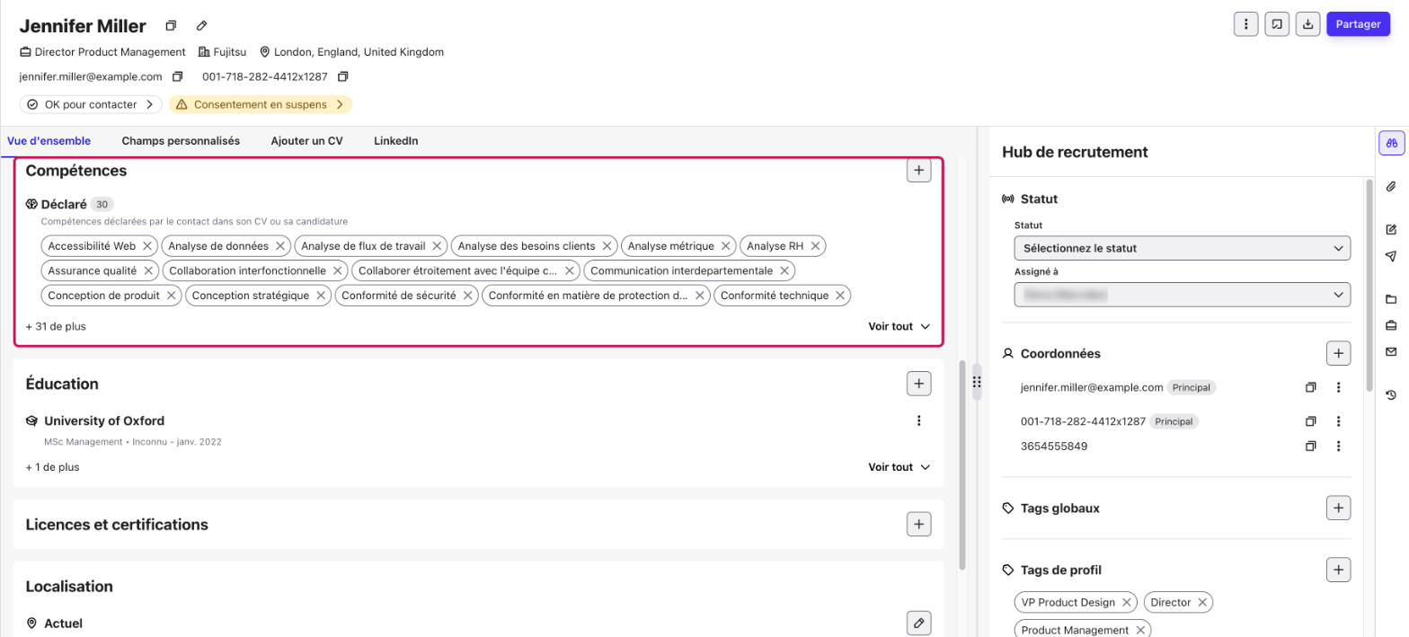 Section Compétences du profil d’un contact