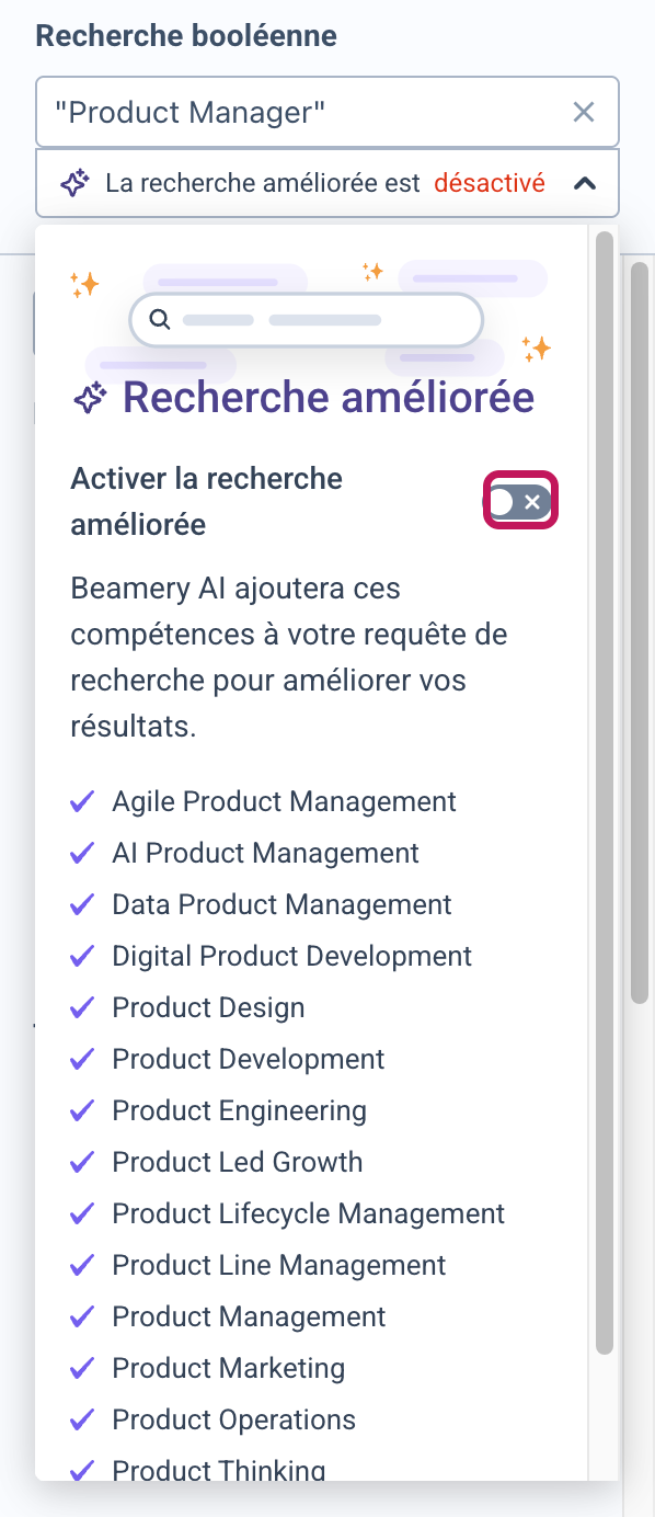 Fenêtre Recherche améliorée avec le bouton bascule désactivé