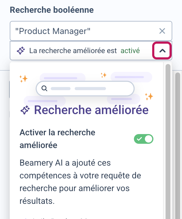 Flèche permettant de réduire la fenêtre Recherche améliorée