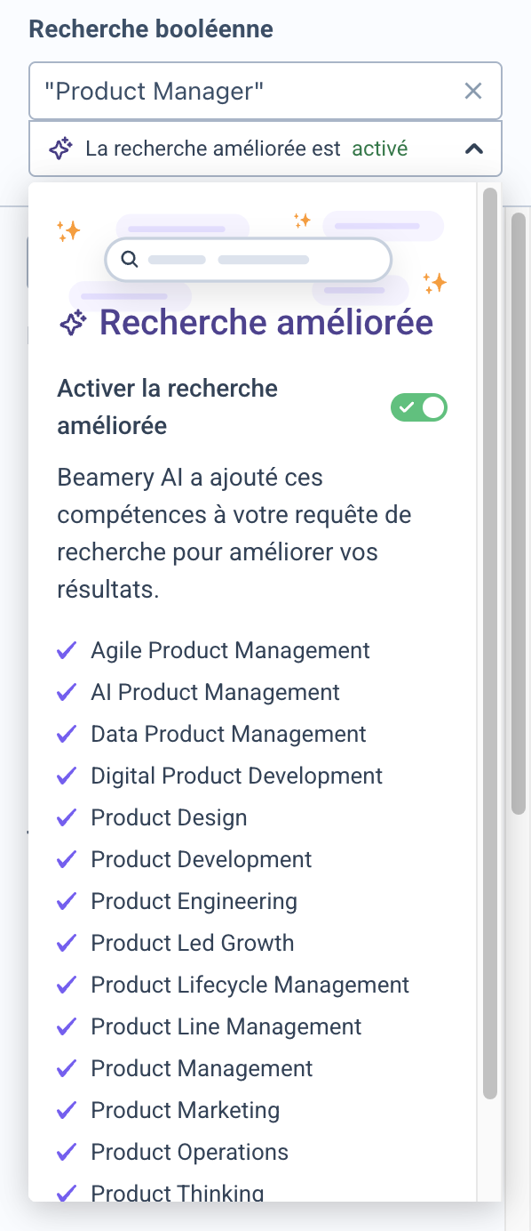Fenêtre Recherche améliorée avec la liste des compétences ajoutées