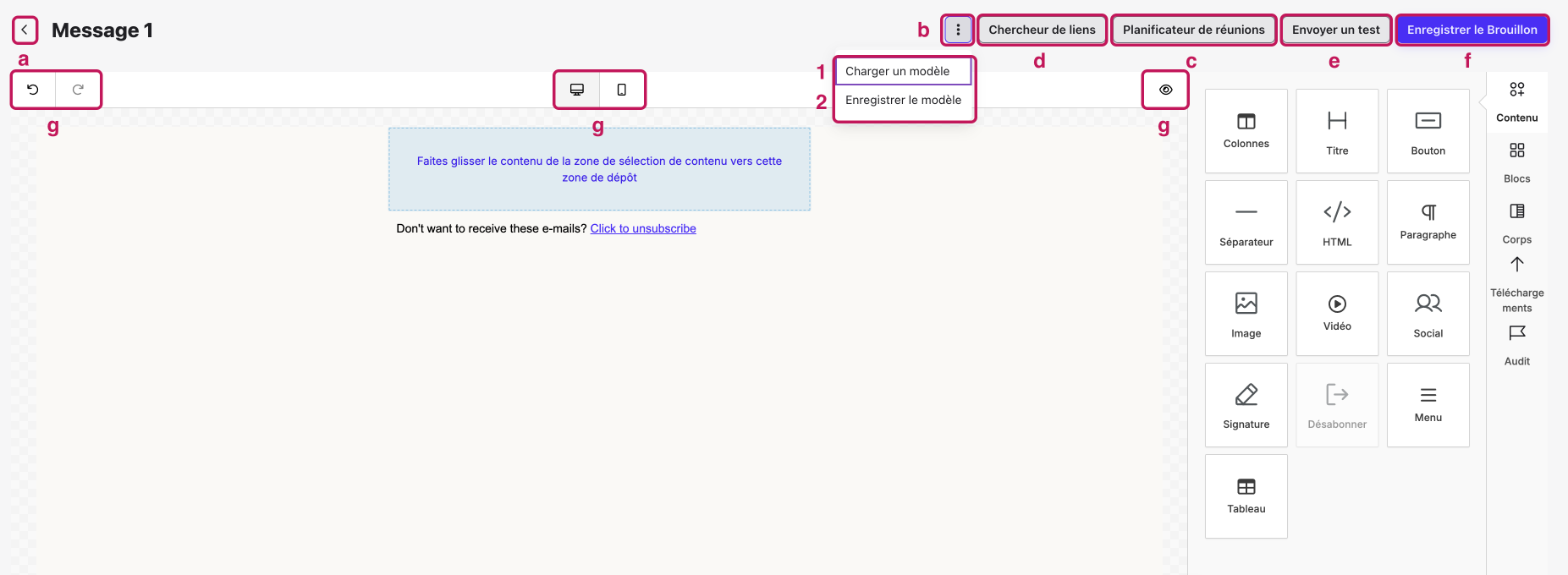 Constructeur Visuel avec les éléments a à g et les options de modèle 1 et 2 annotés