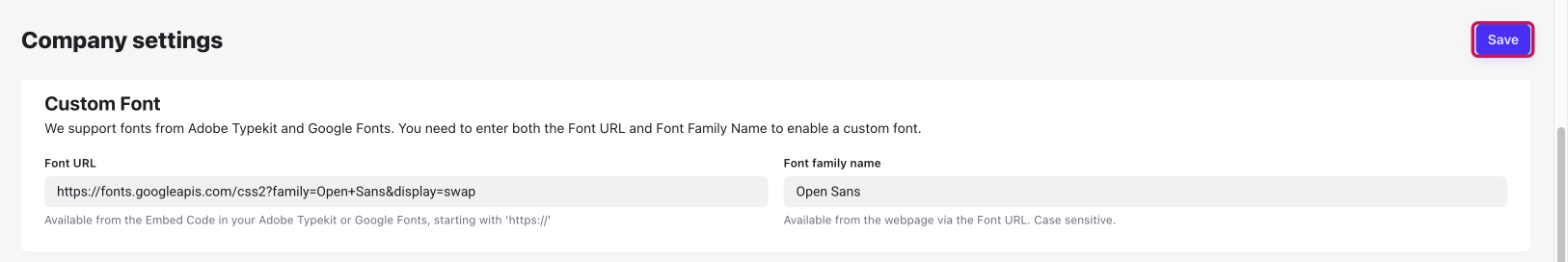 Bouton Save en haut à droite de la page Company settings