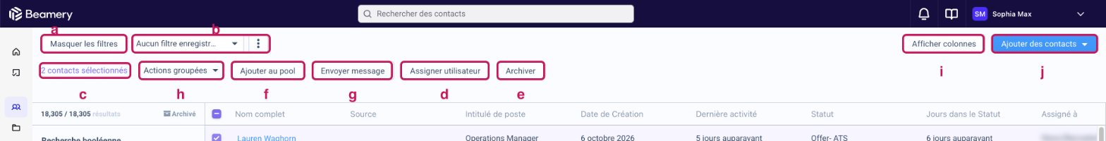 Barre d’outils de la page Personnes avec les boutons Masquer les filtres, Aucun filtre enregistré, Afficher colonnes, Ajouter des contacts et les actions groupées (a à j)