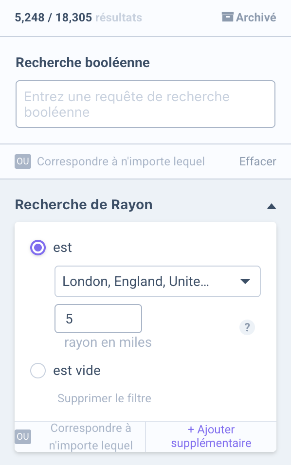 Filtre Recherche de Rayon avec le lieu London, England, United Kingdom et un rayon de 5 miles