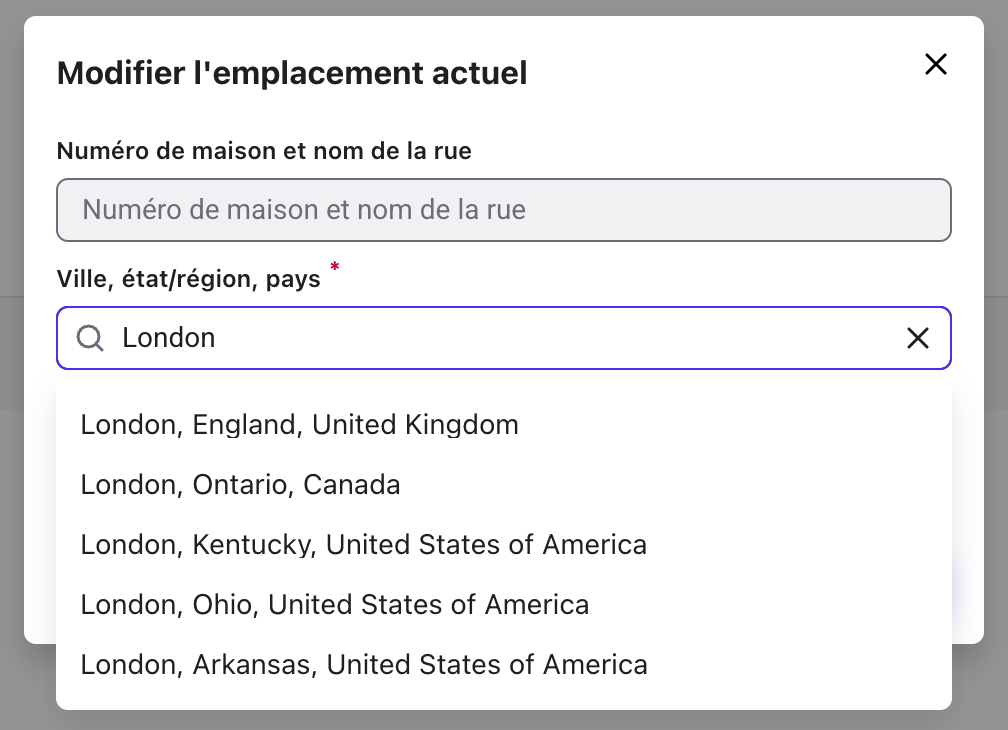 Fenêtre Modifier l’emplacement actuel avec les suggestions de lieux pour London