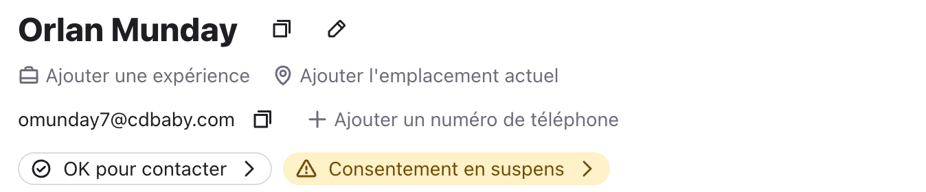 En-tête de profil d’un candidat externe, sans libellé de type de contact