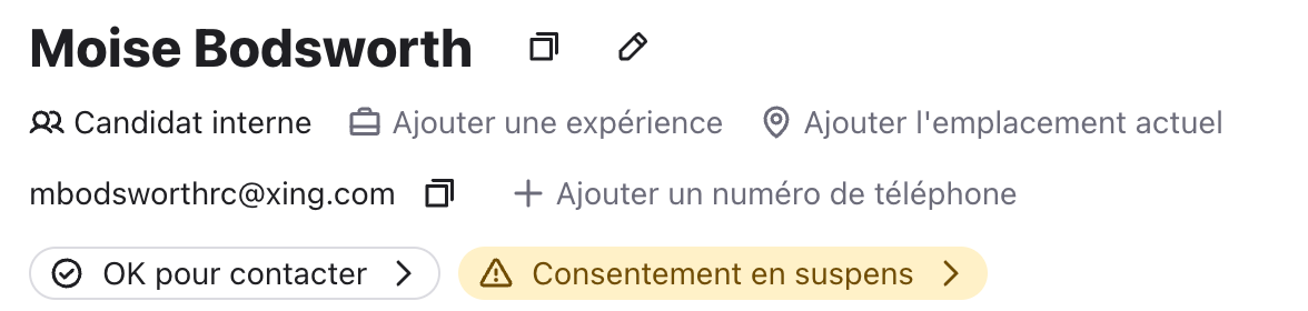 En-tête de profil d’un contact affichant le libellé Candidat interne