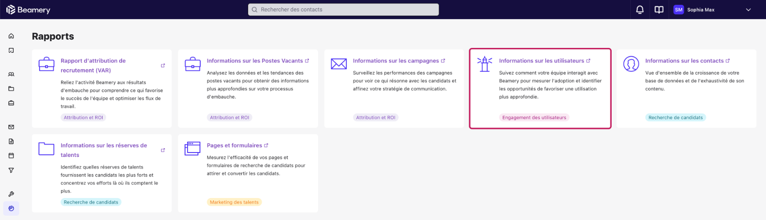 Page Rapports avec la carte Informations sur les utilisateurs mise en évidence