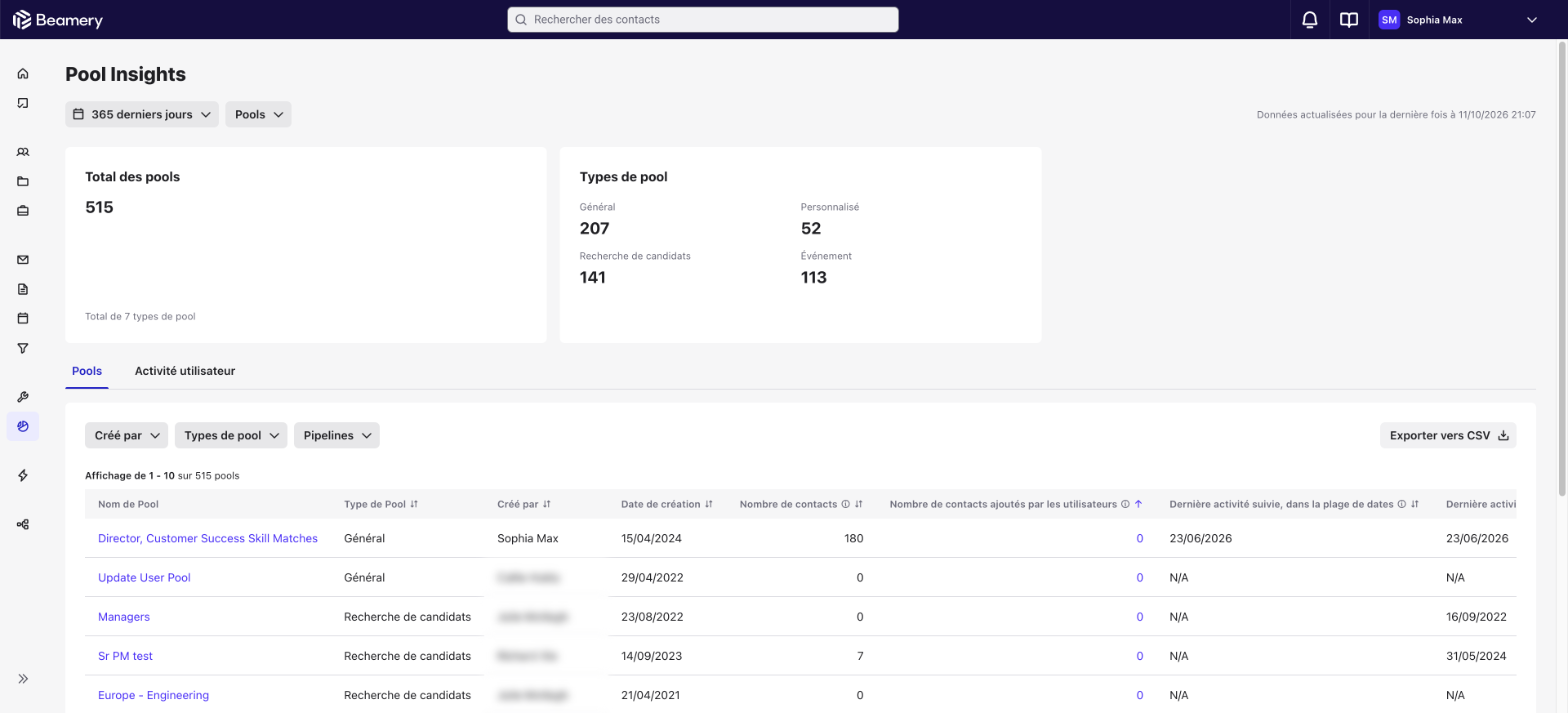 Rapport Informations sur les réserves de talents (Pool Insights) avec le total et les types de pool