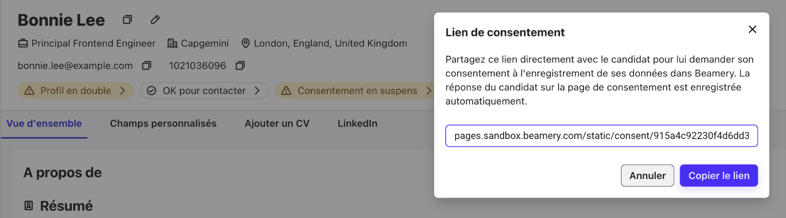 Fenêtre Lien de consentement avec le bouton Copier le lien