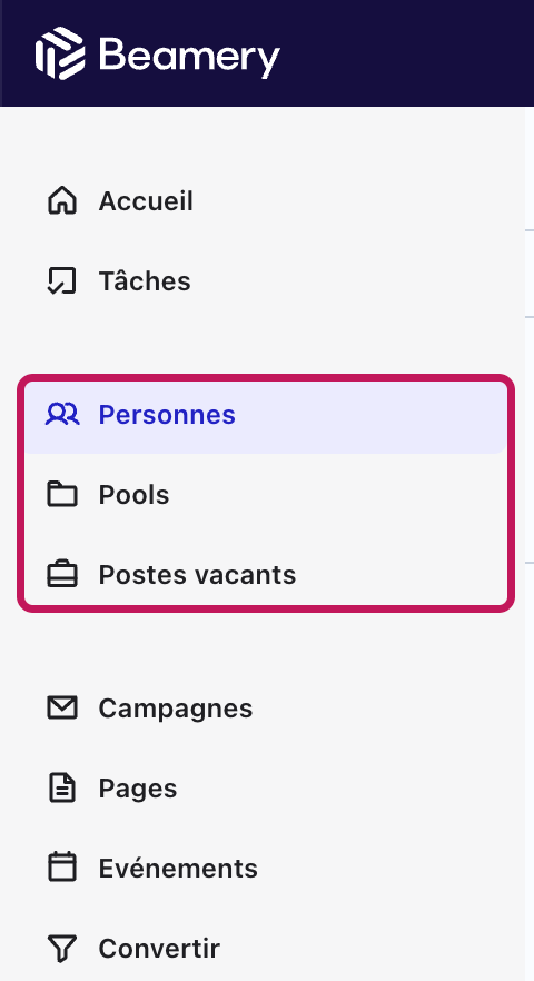 Menu de navigation avec Personnes, Pools et Postes vacants mis en évidence