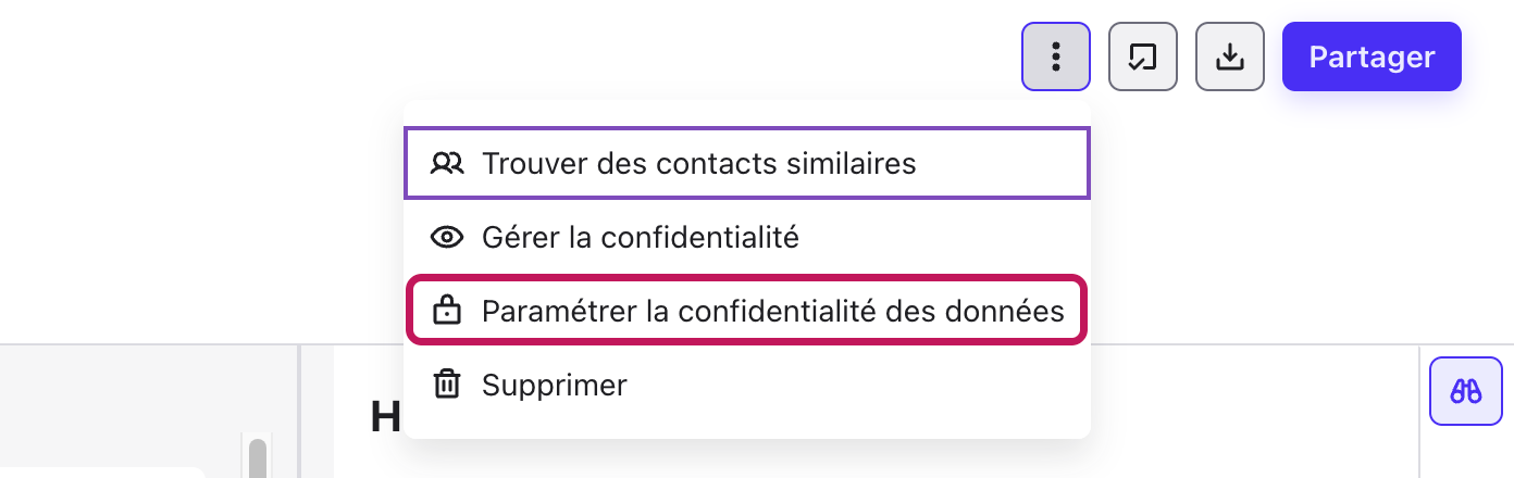 Menu ⋮ du profil avec l’option Paramétrer la confidentialité des données mise en évidence