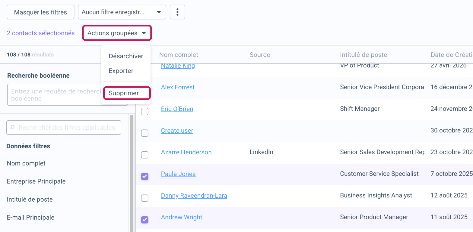 Contacts archivés sélectionnés avec le menu Actions groupées ouvert et l’option Supprimer mise en évidence