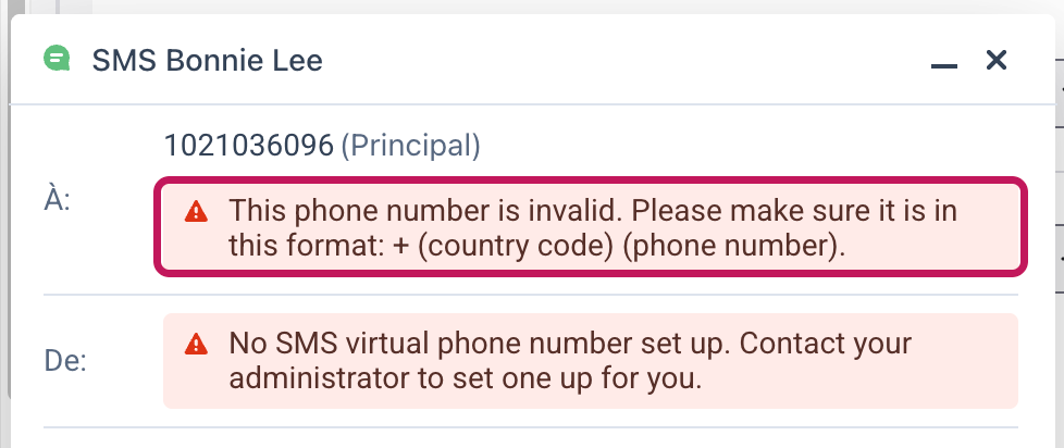 Fenêtre SMS avec le message d’erreur de numéro de téléphone non valide mis en évidence