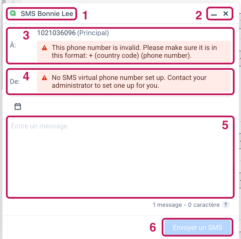Fenêtre SMS annotée : titre (1), réduire et fermer (2), destinataire (3), expéditeur (4), zone de message (5), bouton Envoyer un SMS (6)