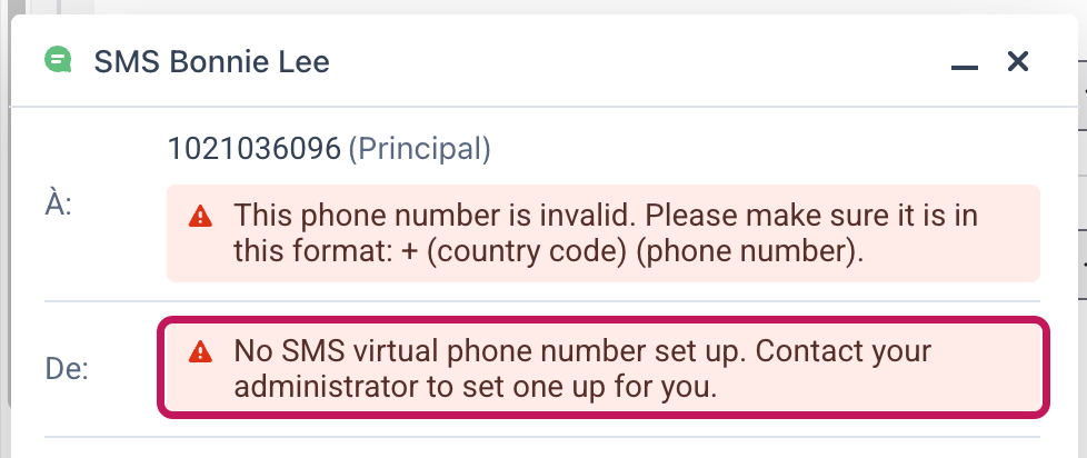 Fenêtre SMS avec le message d’erreur indiquant l’absence de numéro virtuel mis en évidence