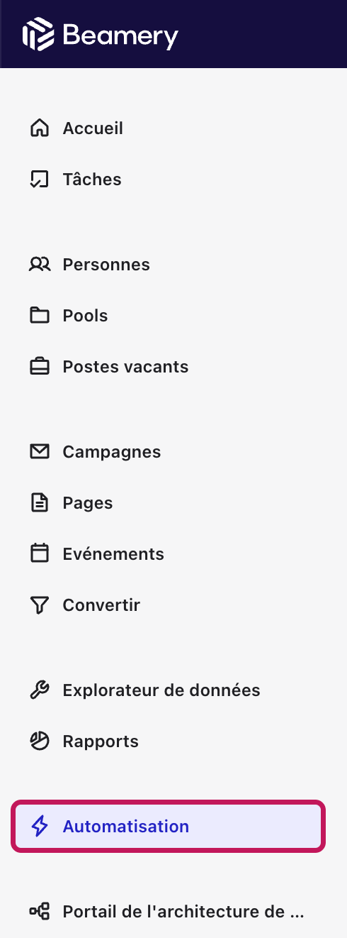 Menu de navigation de Beamery avec l'option Automatisation mise en évidence
