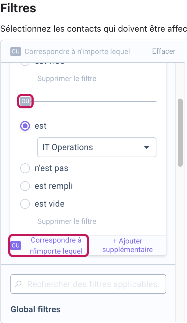 Filtre Pools avec deux instances reliées par le badge OU et le bouton Correspondre à n'importe lequel en bas à gauche