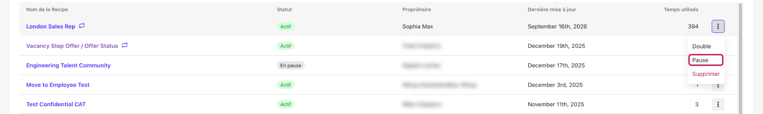Liste des Recipes avec le menu des points de suspension ouvert et l'option Pause mise en évidence