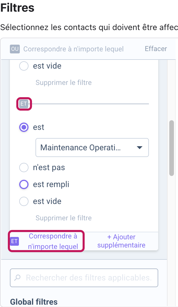 Filtre Pools avec les instances reliées par le badge ET, également affiché en bas à gauche