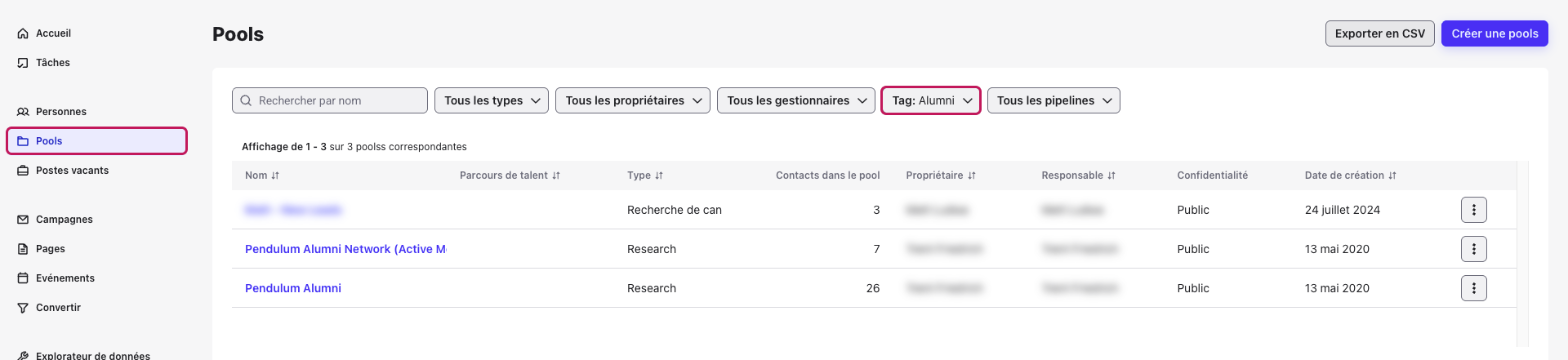 Page Pools filtrée sur le tag global Alumni, avec le menu Pools et le filtre Tag mis en évidence