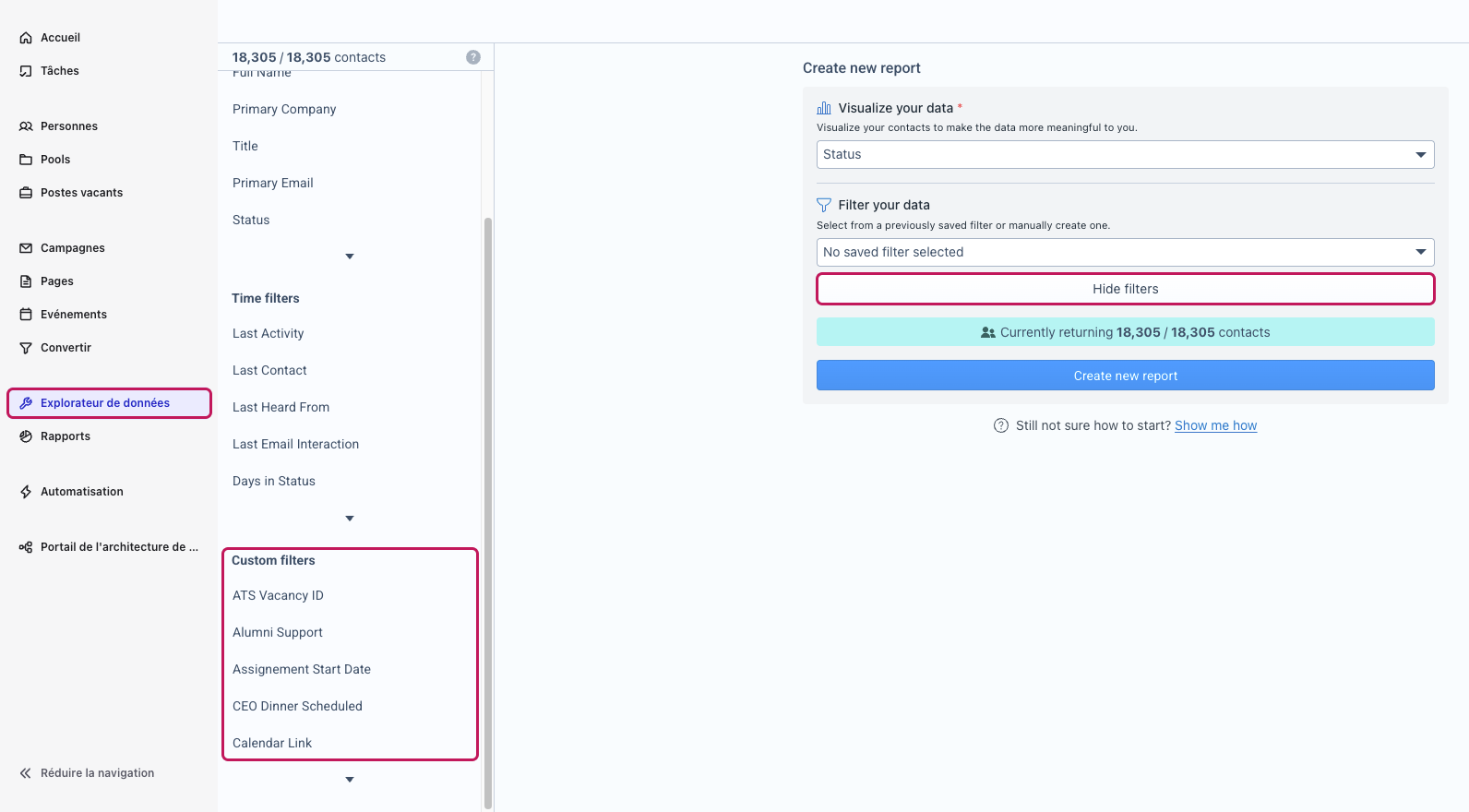 Explorateur de données avec le panneau des filtres ouvert, la section Custom filters et le bouton Hide filters mis en évidence
