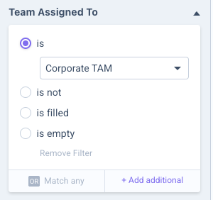 Filtre Team Assigned To défini sur is avec une équipe sélectionnée