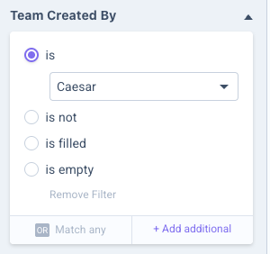 Filtre Team Created By défini sur is avec une équipe sélectionnée