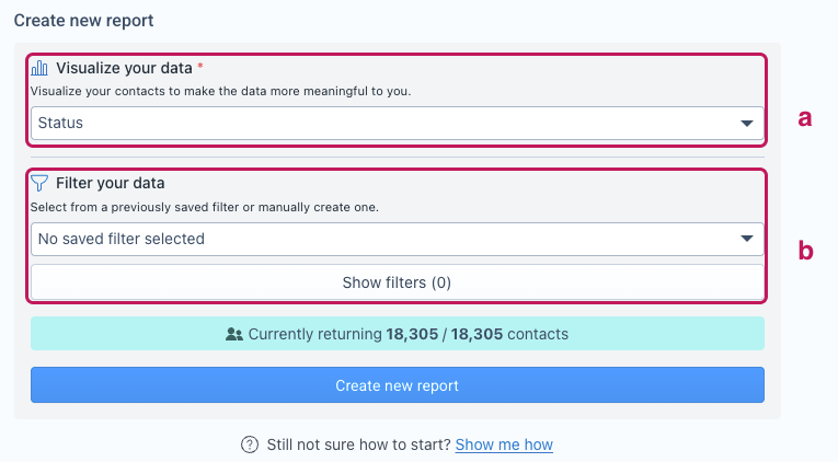 Panneau Create new report avec la section Visualize your data (a) et la section Filter your data avec le bouton Show filters (b)