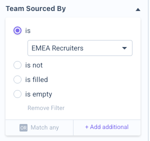 Filtre Team Sourced By défini sur is avec une équipe sélectionnée
