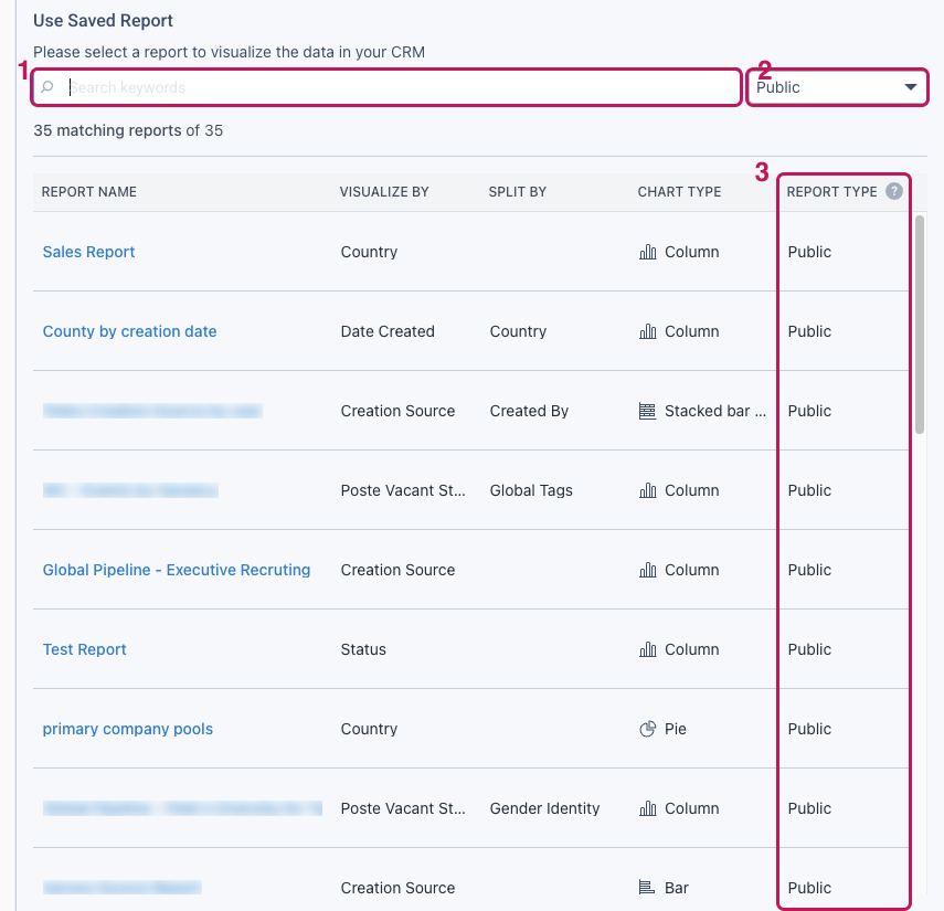 Section Use Saved Report filtrée sur Public, avec la colonne Report Type mise en évidence
