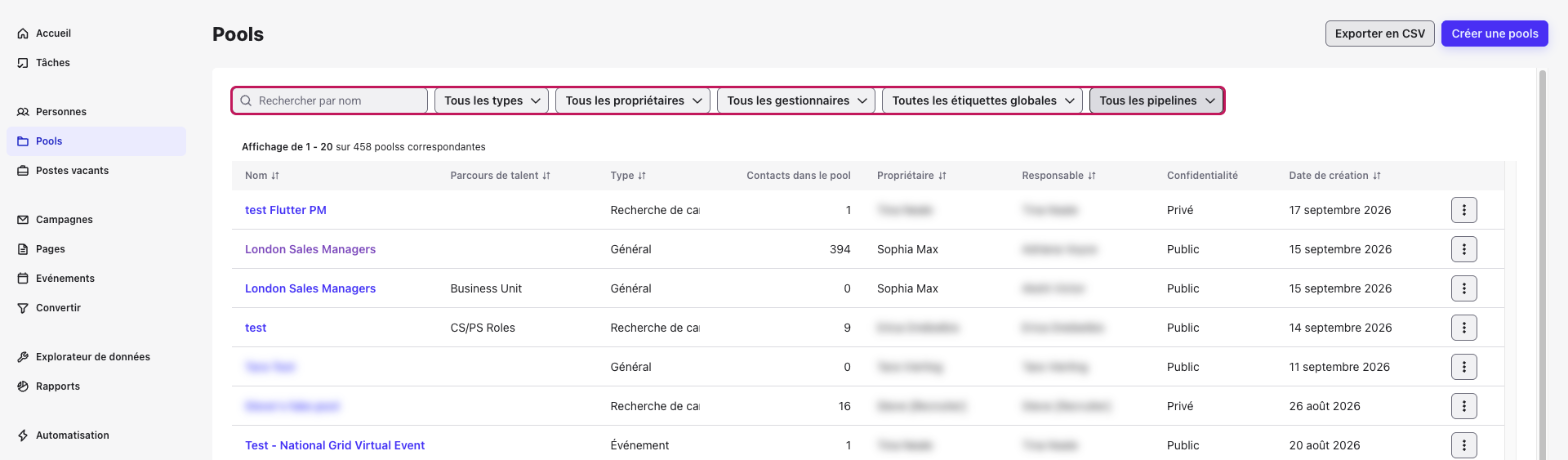 Page Pools avec la barre de filtres mise en évidence : recherche par nom, types, propriétaires, gestionnaires, étiquettes globales et pipelines