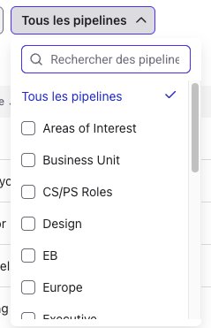 Filtre Tous les pipelines ouvert avec la liste des pipelines disponibles