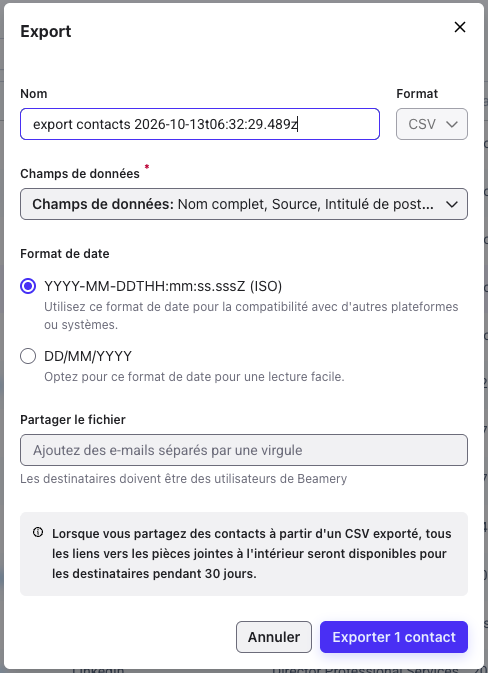 Fenêtre Export avec les champs Nom, Format, Champs de données, Format de date et Partager le fichier, et les boutons Annuler et Exporter 1 contact