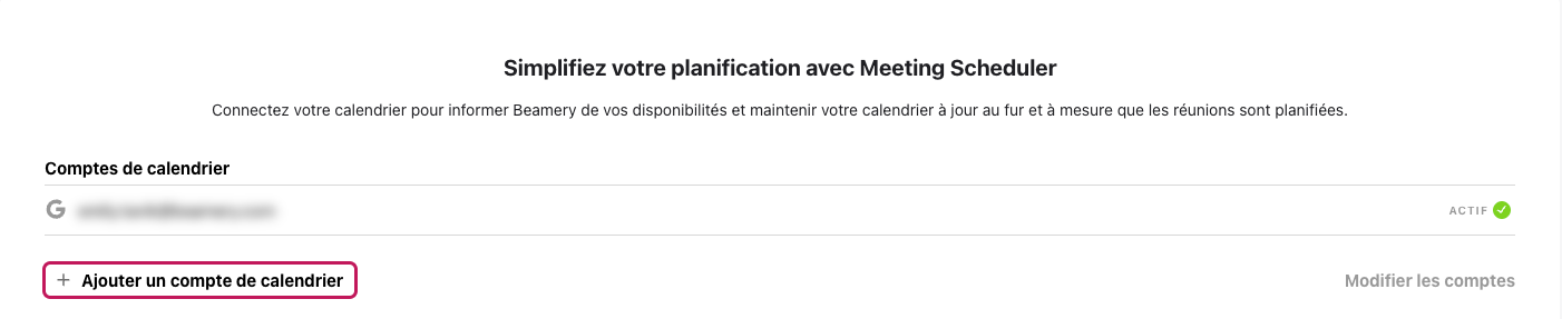 Bouton « Ajouter un compte de calendrier » encadré sur la page Calendriers Liés