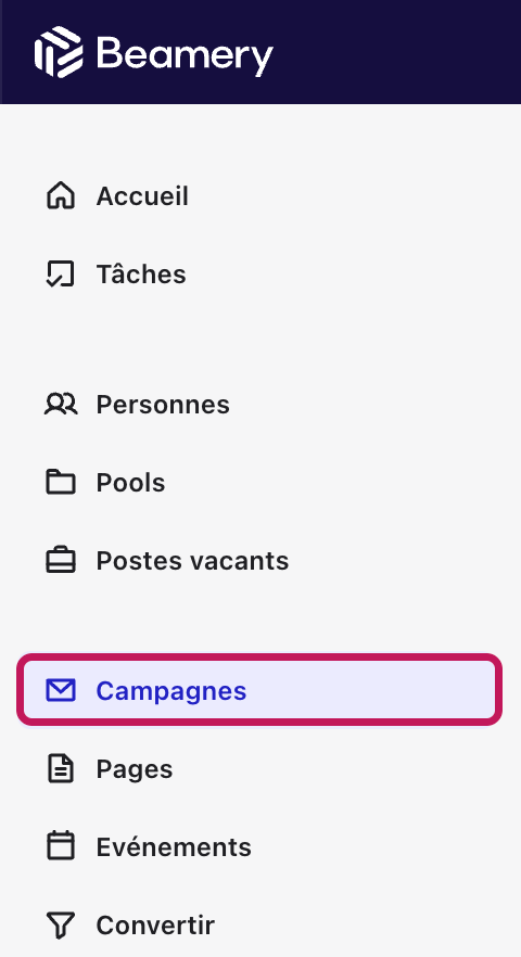 Menu de navigation de gauche avec l’option Campagnes encadrée