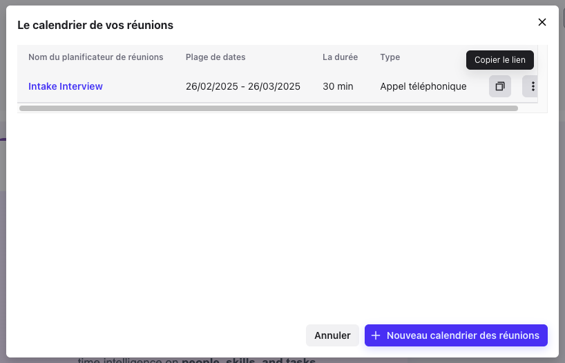 Info-bulle Copier le lien sur l’icône de copie d’un calendrier de réunions