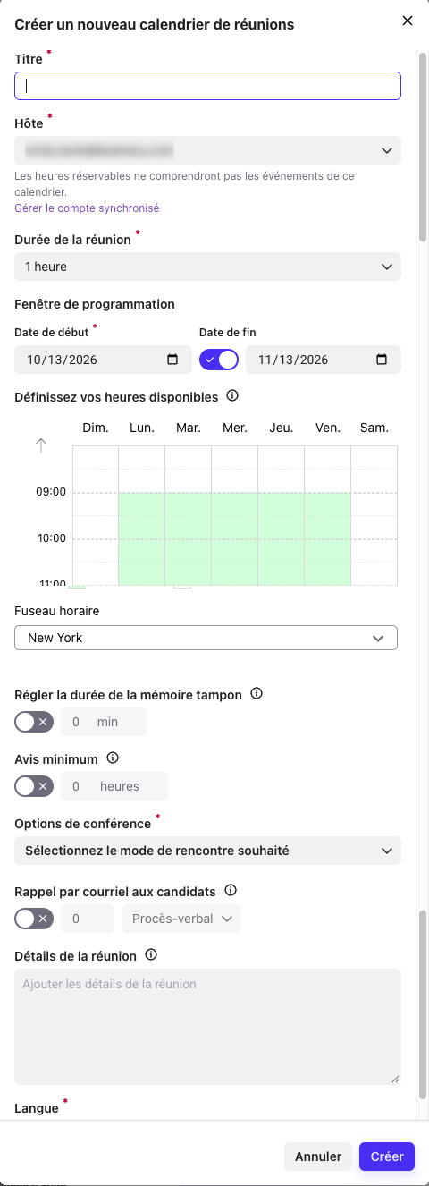 Formulaire Créer un nouveau calendrier de réunions : Titre, Hôte, Durée de la réunion, Fenêtre de programmation, heures disponibles, Fuseau horaire, mémoire tampon, Avis minimum, Options de conférence, rappel par courriel, Détails de la réunion et Langue