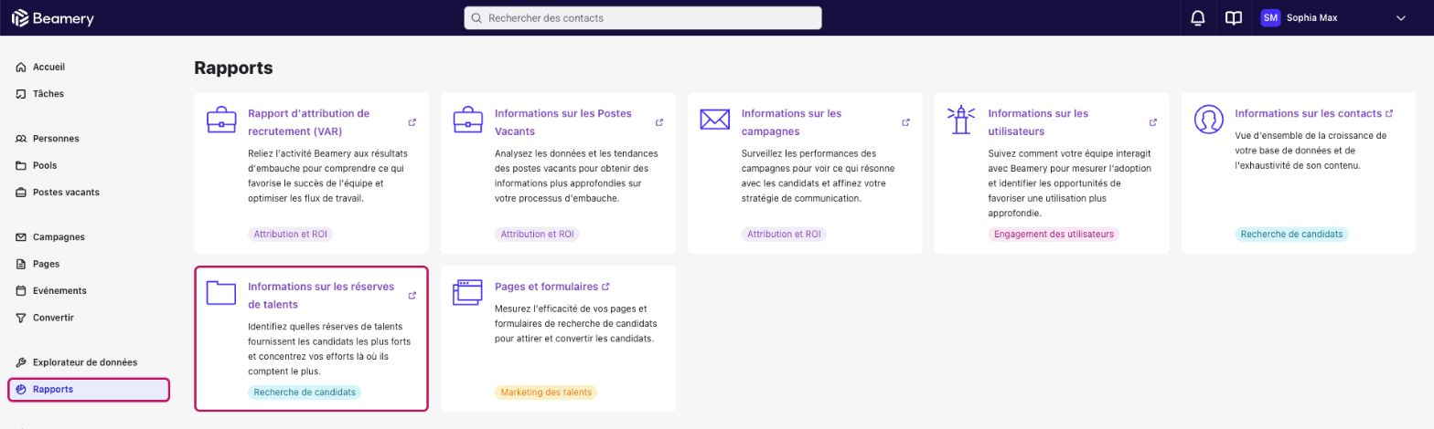 Page Rapports avec l’option Rapports encadrée dans le menu de gauche et la carte Informations sur les réserves de talents encadrée