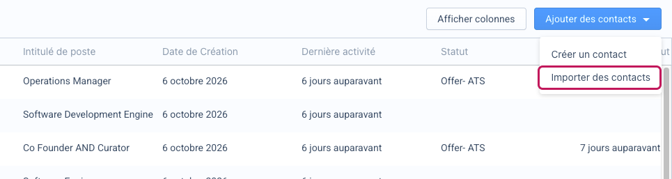 Page Personnes avec le menu Ajouter des contacts ouvert et l’option Importer des contacts encadrée