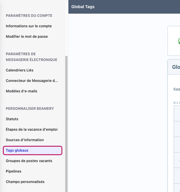 Menu Paramètres avec Tags globaux encadré sous Personnaliser Beamery